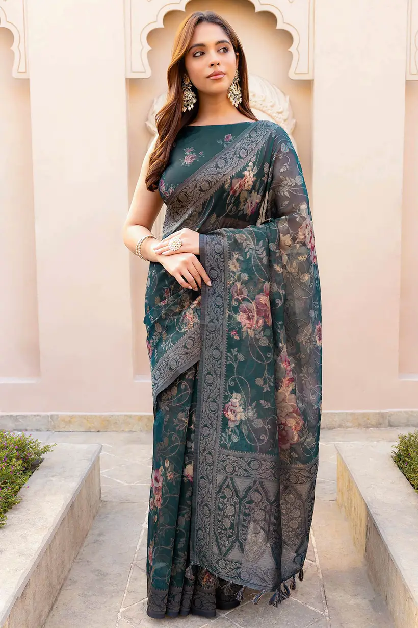 Green Chanderi Floral Print Saree With Zari Woven